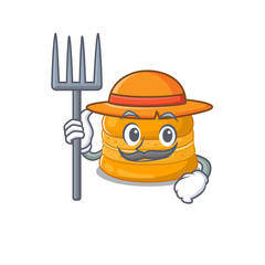 Orange macaron in Farmer cartoon character with hat and pitchfork