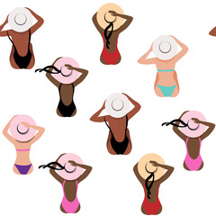 Vector illustration with summer girls from the back seamless pattern on a white background. Vacation concept, summer concept