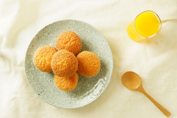 Ancient egg cakes set top view on canvas background.