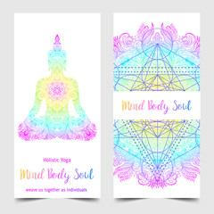 Stretch and Strength. Yoga card design. Colorful template for spiritual retreat or yoga studio. Ornamental business cards, oriental pattern. Vector illustration.