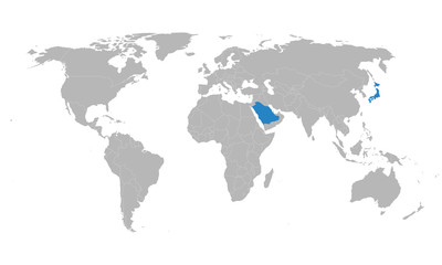 Saudi arabia, japan highlighted on world map. Business concepts, political, trade, economic relations.