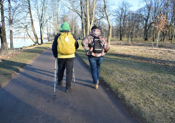 young couple walking in the Park, sports Nordic walking