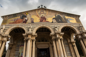 Fototapeta na wymiar Jerusalem, Israel January 30, 2020:The Church of All Nations, also known as the Church of the Agony, is a Roman Catholic church located on the Mount of Olives in Jerusalem