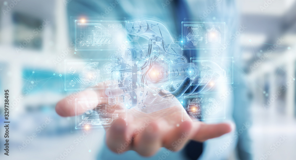 Poster businessman holding and touching wireframe holographic digital projection of an engine 3d rendering