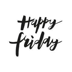 Positive inspirational handwritten phrase Happy Friday. Hand drawn brush lettering. Vector calligraphy for cards, t-shirt, textiles, posters, prints, and web. Black words on white background.