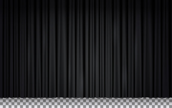 Black velvet curtain in theater or cinema. Vector realistic closed stage curtains lighted by spotlight. Black fabric drapes in opera isolated on transparent background