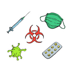 Vector illustration of Coronavirus, red stop sign, mask, Injection, and pills on white background. Pandemic and coronavirus outbreaks. breathing medical respiratory mask to fight against the virus.