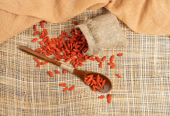 Goji berries on a wooden background in a spoon