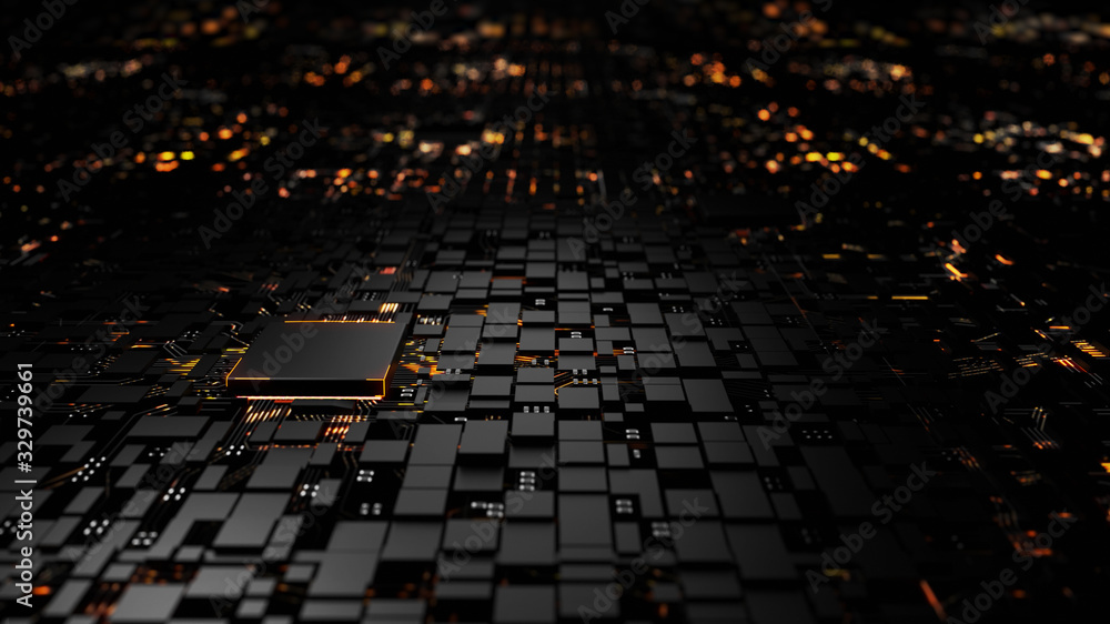 Poster Microprocessor chipset central processor unit on the illumination circuit computer mainboard. Cyber and futuristic concept, hardware, AI, electronics and technology, with copy space