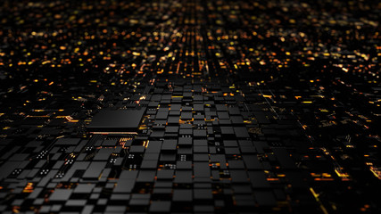 Fototapeta na wymiar Microprocessor chipset central processor unit on the illumination circuit computer mainboard. Cyber and futuristic concept, hardware, AI, electronics and technology.
