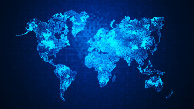 Dot world map against the grid with fractal noise background, for the futuristic concept, with lighting and glitter effect