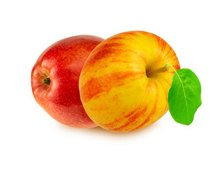 Red apple with apple leaf and slice on a white background.
