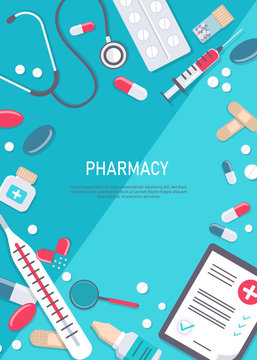 Medicine vector illustration. Pharmacy background, pharmacy desing, pharmacy templates. Medicine, pharmacy, hospital set of drugs with labels. Medication, pharmaceutics concept. Different medical