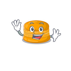 Smiley orange macaron cartoon mascot design with waving hand
