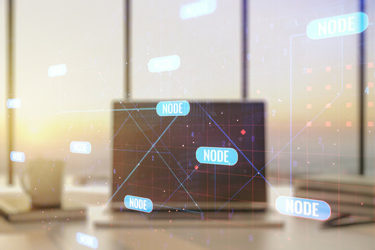 Abstract creative coding illustration on modern computer background, software development concept. Multiexposure