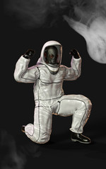 3d illustration concept. Man in virus protective biohazard suit and mask stopping coronavirus spread. Pathogen novel flu coronavirus COVID-19 global pandemic outbreak crisis with clipping path.