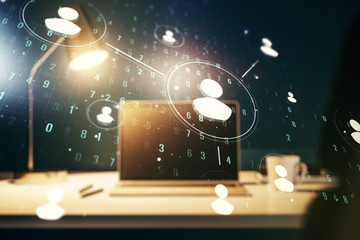 Double exposure of social network icons concept with computer on background. Networking concept