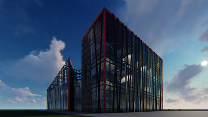 3D project of multistorey business center. Summer evening.