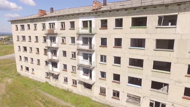 Destroyed and abandoned houses in the Yubileiniy city, Perm region, Russia, Aerial