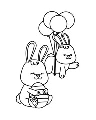 cute little rabbits with eggs painted and balloons helium