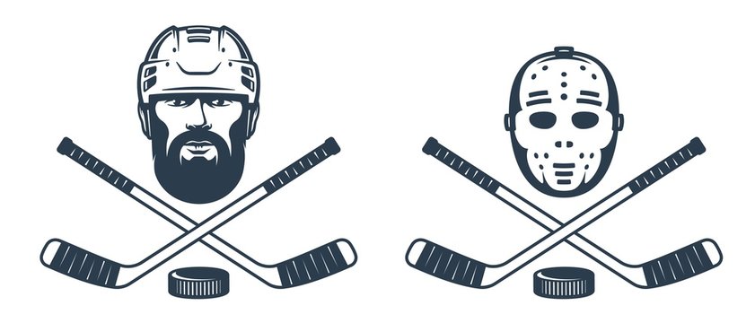 Hockey goalie mask sticks and puck, Stock vector