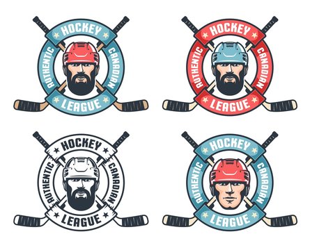 Hockey vintage logo with bearded player, crossed sticks and round ribbon. Sport retro emblem. Vector illustration.