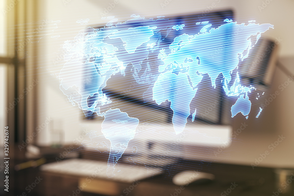 Fototapete multi exposure of abstract graphic world map on modern computer background, big data and networking 