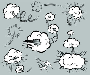 Set of speed elements in the style of comics. Isolated blasting clouds with moving trails. Vector illustration - obrazy, fototapety, plakaty