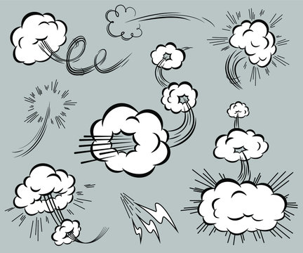 Set of speed elements in the style of comics. Isolated blasting clouds with moving trails. Vector illustration