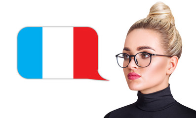 Blonde woman in glasses near dialogue frame with french flag. Speak language concept.