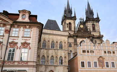 Fototapeta na wymiar Prague cityscape with historic cityscape and the Prague castle. Horizontal photo of colorful European city of Prague in Czech Republic daytime, cloudy sky, month of may, travel in tourist place.