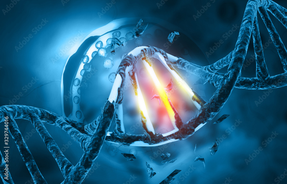 Wall mural dna mutation or damage .dna strand science background. 3d illustration.