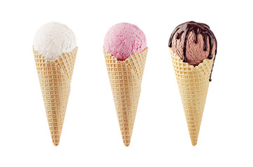 Set of classic flavor ice cream cones in waffle cone - white, pink, brown with chocolate sauce isolated on white.