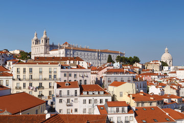 Church of Sao Vicente of Fora (Igreja de Sao Vicente de Fora) and old buildings in Alfama and Graca districts in Lisbon, Portugal.