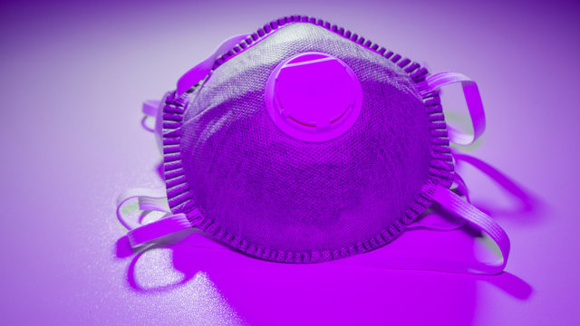 Set Of FFP2 Medical Masks. Face Mask Protection Against Pollution, Virus, Flu And Coronavirus. Health Care And Surgical Concept. Purple Light And Contest 