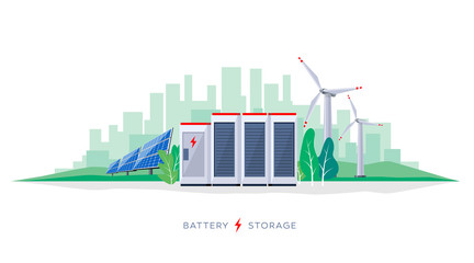 Vector illustration of large rechargeable lithium-ion battery energy storage station and renewable electric power station with solar panels and wind turbines. Backup power energy storage system. © petovarga