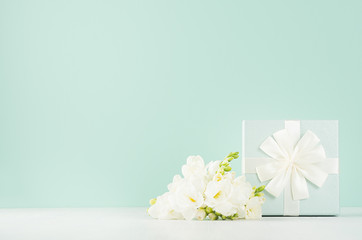 Festive gentle spring background with rich standing gift box with ribbon, knot, lie white flowers freesia in green mint menthe interior on white wood board.