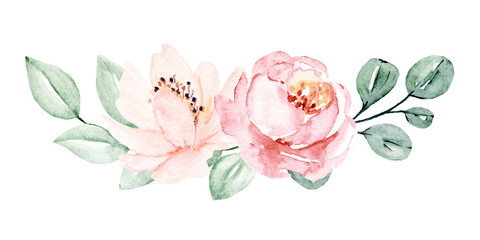 Floral border of watercolor spring flowers pink roses, blossom Illustration hand painted. Isolated on white background. Perfectly for greeting card design.