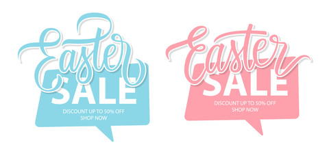Easter Sale promotional labels templates set. Holiday season special offer commercial signs with hand lettering for discount shopping, promotion and advertising. Vector illustration.