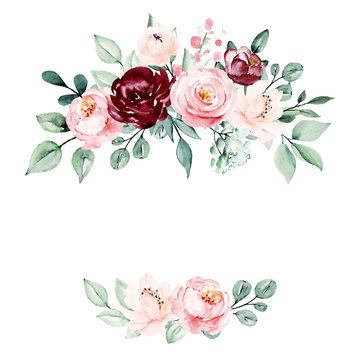 Wreath of watercolor flowers roses, floral frame, blossom clip art. Print isolated on white background. Illustration hand drawing. Perfectly for thank you card,  greeting card design.