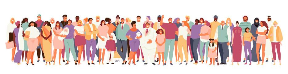 Obraz premium Wielonarodowy i wielokulturowy tłum ludzi. Ludzie w różnym wieku i różnym wyglądzie, duży zestaw na białym tle