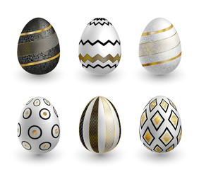 Black white gold Easter eggs with lace patterns on white background. Vector set for holiday Easter card