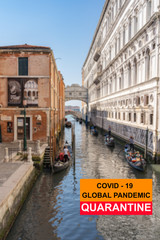 Obraz premium Coronavirus pandemic quarantine banner over blurred background of Venice city