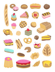 Sweet pastries and baked goods vector set. Bread, cakes, cupcakes, pies illustration isolated on white background