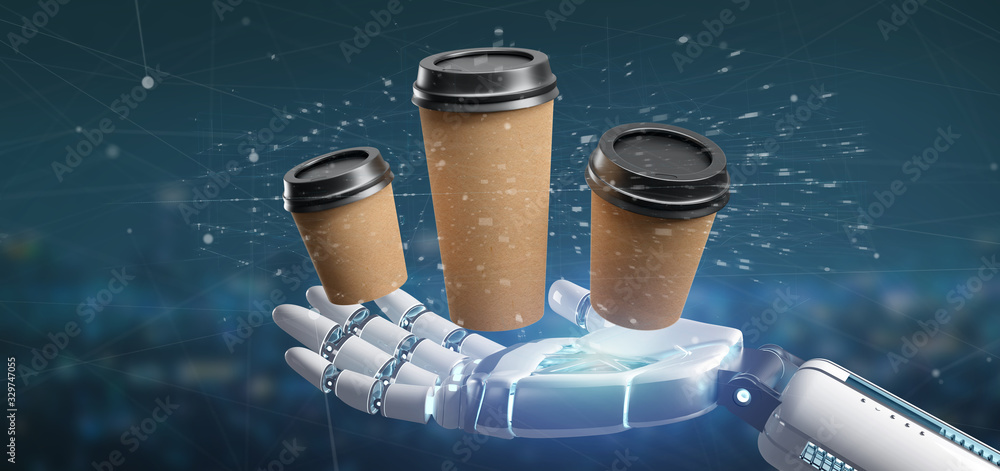Poster cyborg holding a group of cardbox coffee cup with connection 3d rendering