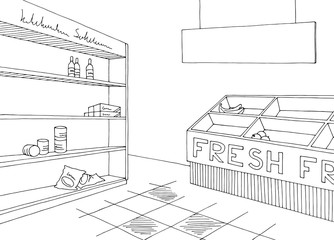 Grocery empty shelf interior store shop black white graphic sketch illustration vector