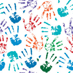 seamless pattern of multicolored human handprints on a white background.  		it can be used for decoration of textile products, creating an abstract background.  		stock vector illustration. EPS 10.