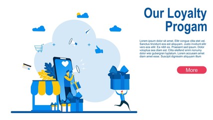 Promotion of online store or shop loyalty program, bonus or reward.landing page template with a man on a smartphone carrying a megaphone and a running man carrying a gift box.vector illustration