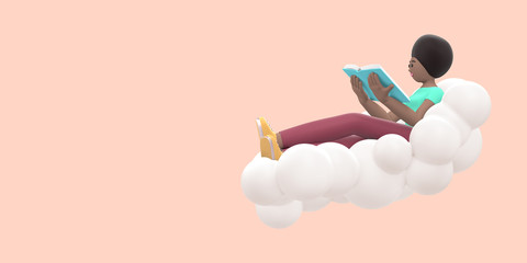 Literature fan a young african girl in the sky on a cloud is reading a book. Funny, abstract cartoon people on beige. 3D rendering.