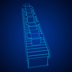Conveyor belt section with open boxes. Factory production equipment. Wireframe low poly mesh vector illustration